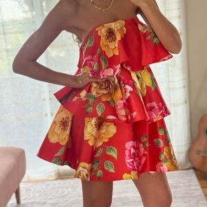 ASOS Strapless Floral Dress in Orange and Pink